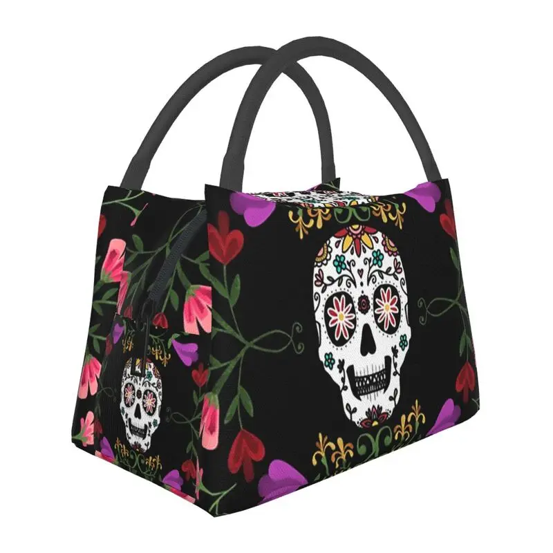 Sugar Skull And Flowers Insulated Lunch Bags for Camping Travel Day Of The Dead Portable Thermal Cooler Lunch Box Women