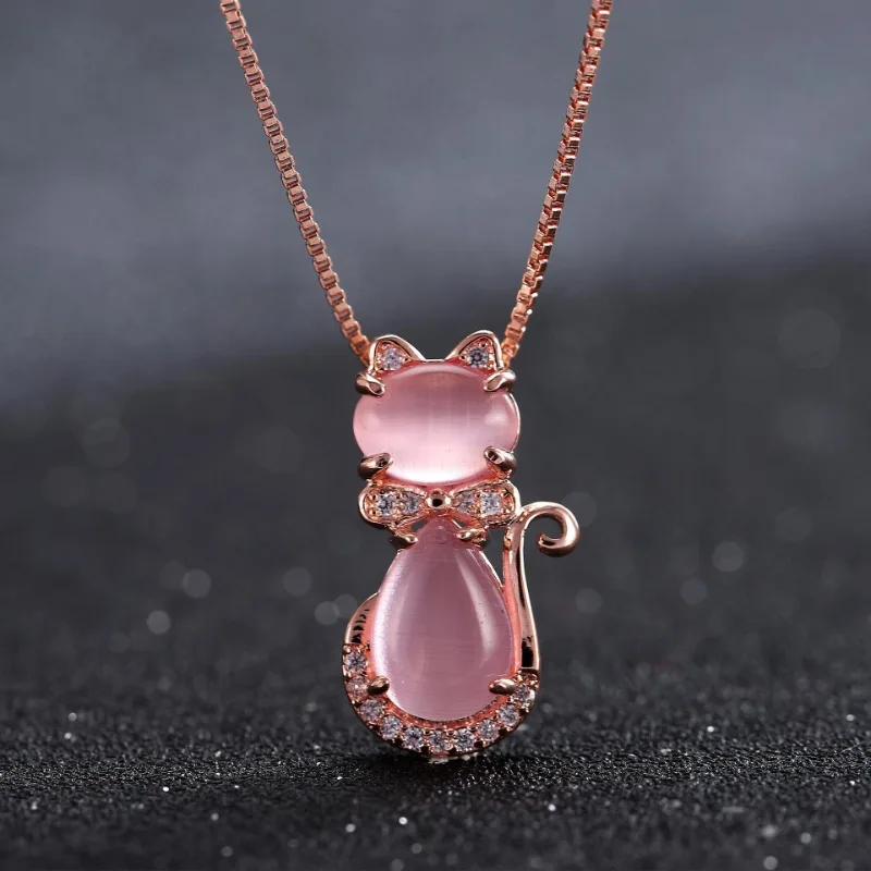 

Natural Pink Chalcedony Hand-carved Kitten Pendant Fashion Boutique Jewelry Men and Women Pink Agate Necklace Gift