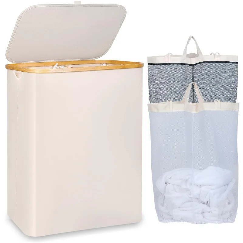 Large Laundry Hamper with Bamboo Handle, Collapsible Dirty Clothes Hamper Organizer with Removable Inner Bag