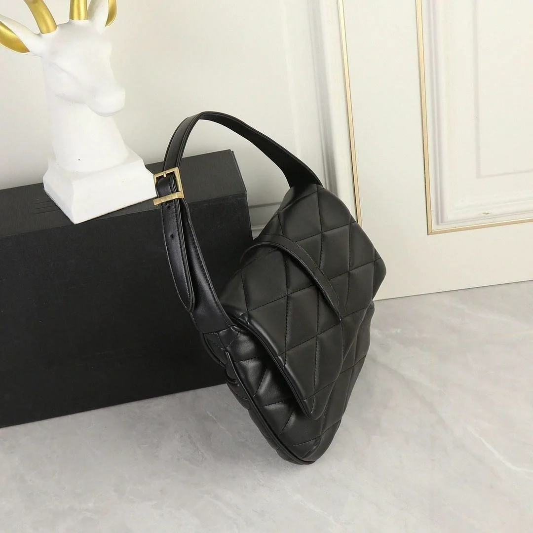 Padded Quilted Black Leather Underarm Bag, Ladies Adjustable Strap Flap Crossbody Purse