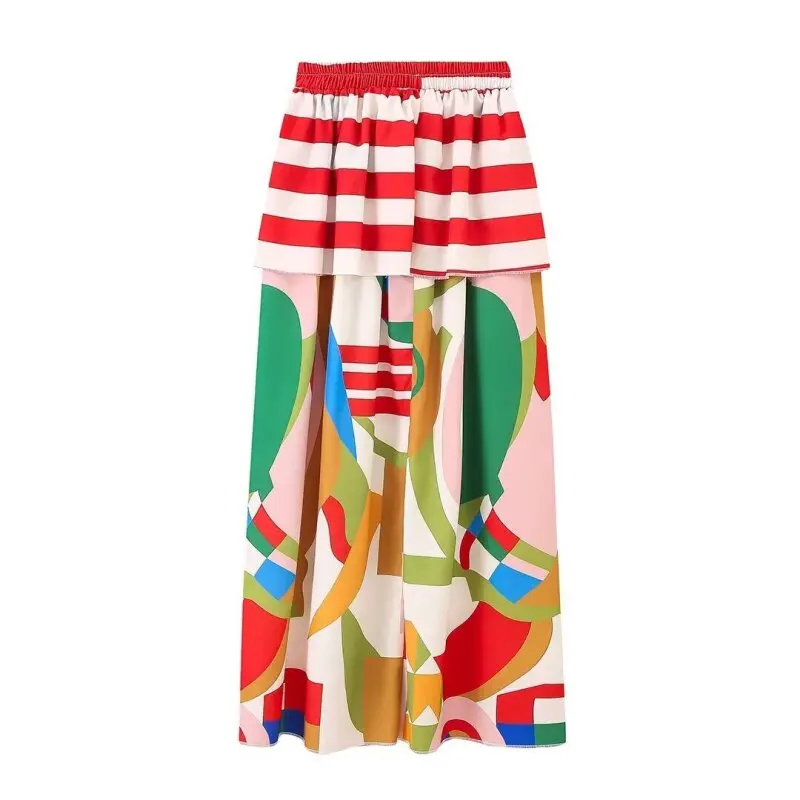 Media falda bohemia de doble capa con estampado de retazos para mujer, para fiesta en la playa, vacaciones de verano, moda informal, estilo étnico