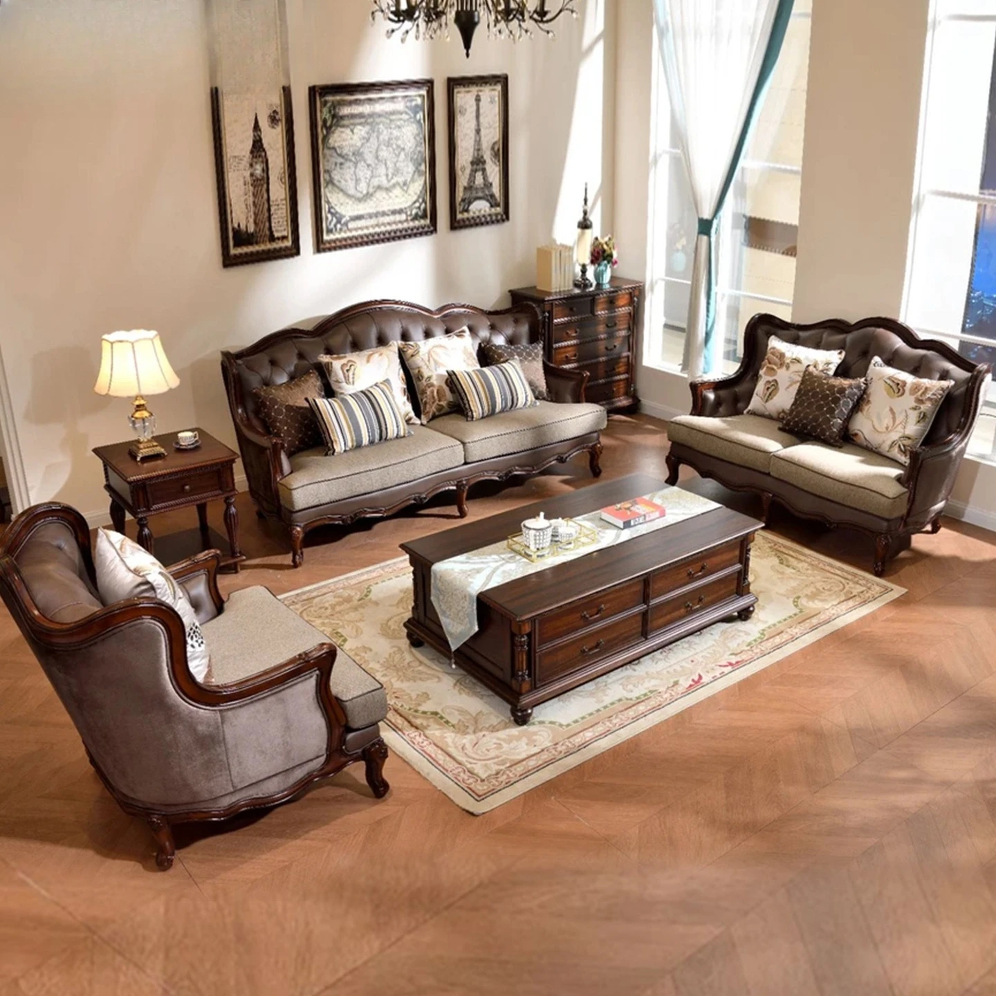 leather sofa 123 combination living room full solid wood fabric sofa large apartment pull-up sofa