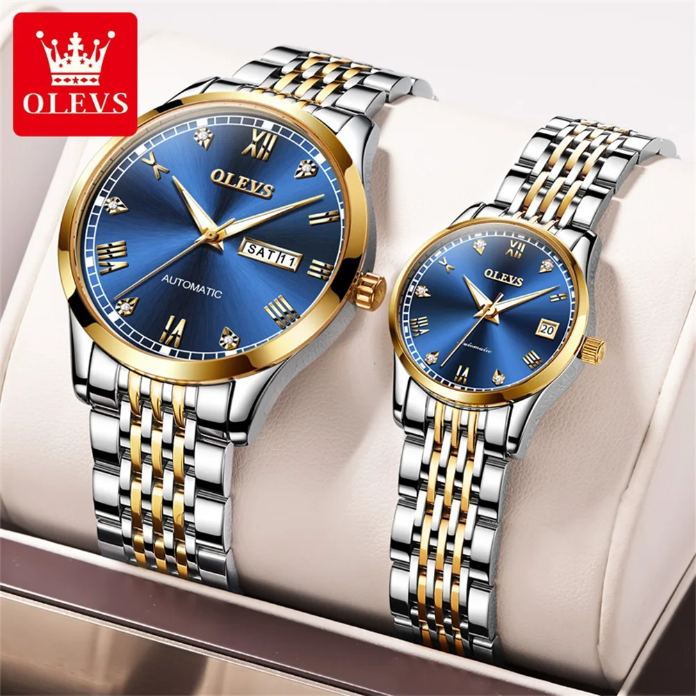 OLEVS Couple Watches Luxury Fashion Waterproof Stainless Steel Original Self-winding Mechanical Wristwatch for Lover Luminous