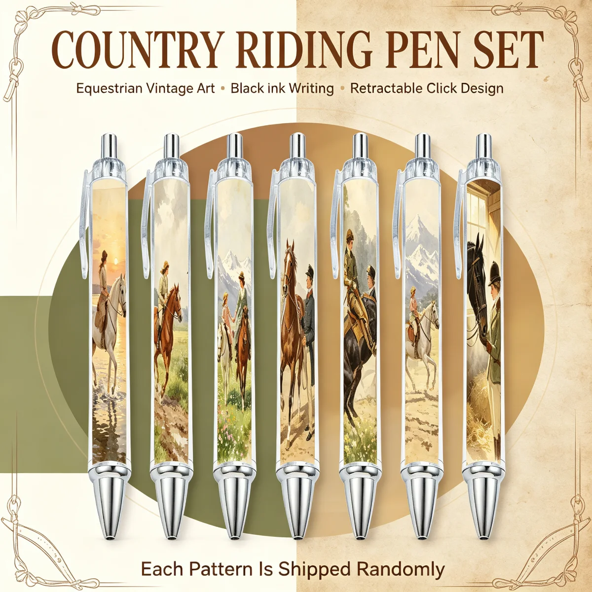 7pcs Horse Riding Theme Ballpoint Pens Stationery Set - Assorted Colors for Office School Supplies