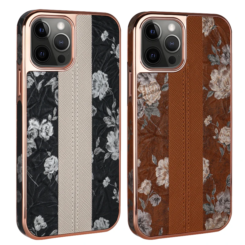 VIETAO-Brown Electroplated Frame Flower Phone Case for iPhone, 13, 12, 11 Pro Max, Xr Fashion, Smartphone Leather Cover