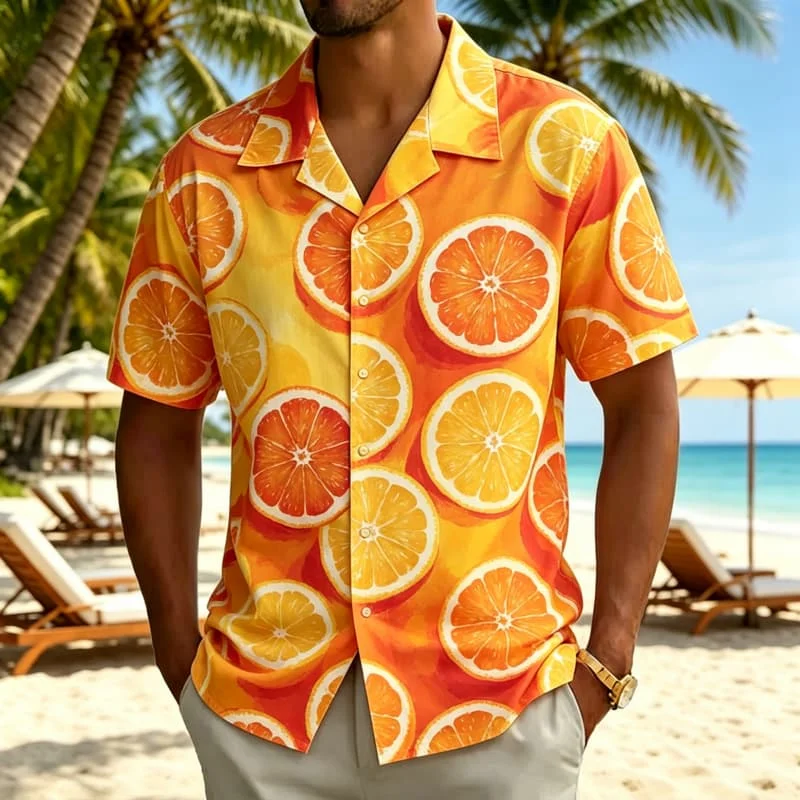 Men's refreshing and colorful fresh fruit printed Hawaiian shirt, for summer travel, leisure travel, and street wear