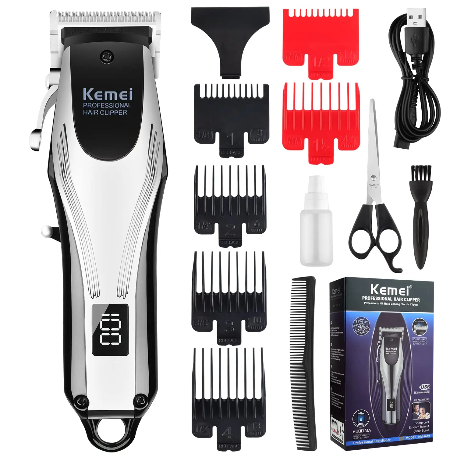 

KEMEI KM-2619 Mens Hair Clippers Hair Trimmer Professional Barber Hair Cutting Grooming Kit with Hairdressing cloak Rechargeable