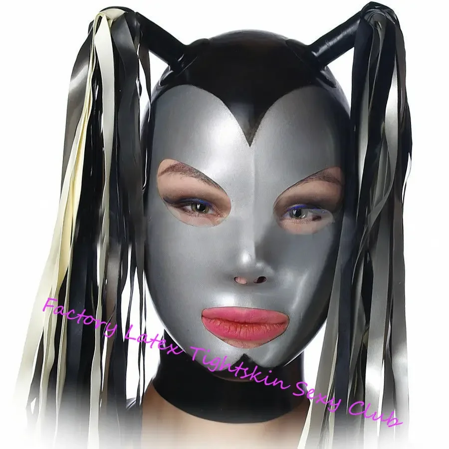 

Latex Mask with 2 Tails Open Eyes Mouth Nose Fetish Rubber Hood Cosplay Customized XS-XXL Halloween Costumes for Women