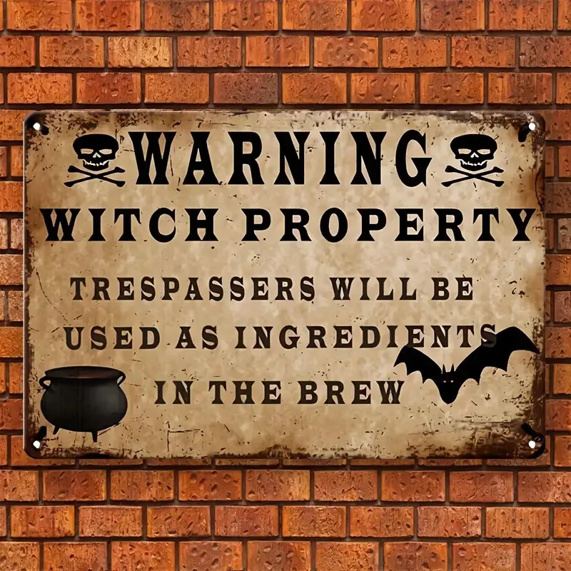 1 قطعة علامات تحذير الممتلكة للهالوين المسطحة 2D من الألومنيوم - بطاقة اللوحة المعدنية المزخرفة بنمط عتيق