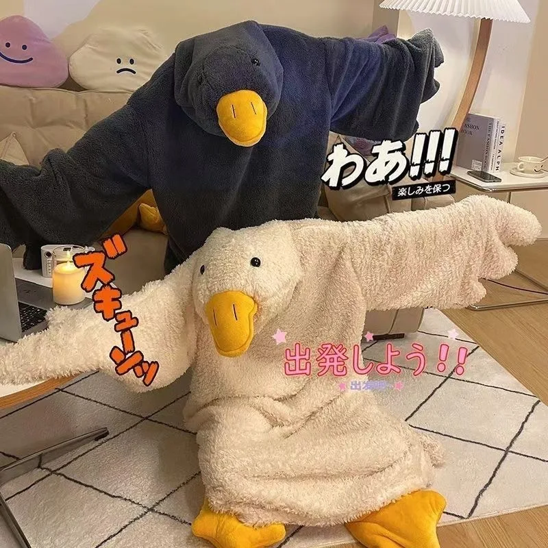 Cute White Goose Hooded Robe Flannel Cartoon Duck Onesie Pajamas Adult Winter Warm Funny Animal Cosplay Home Sleepwear image 5
