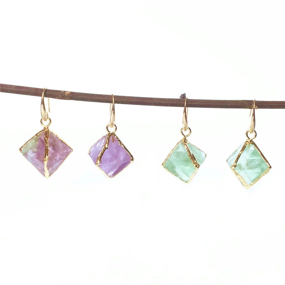 FUWO Wholesale Female Golden Plated Fluorite Earring,Natural Stone Pyramid Jewelry For Women Party Wedding Gift ER079 5Pairs/Lot