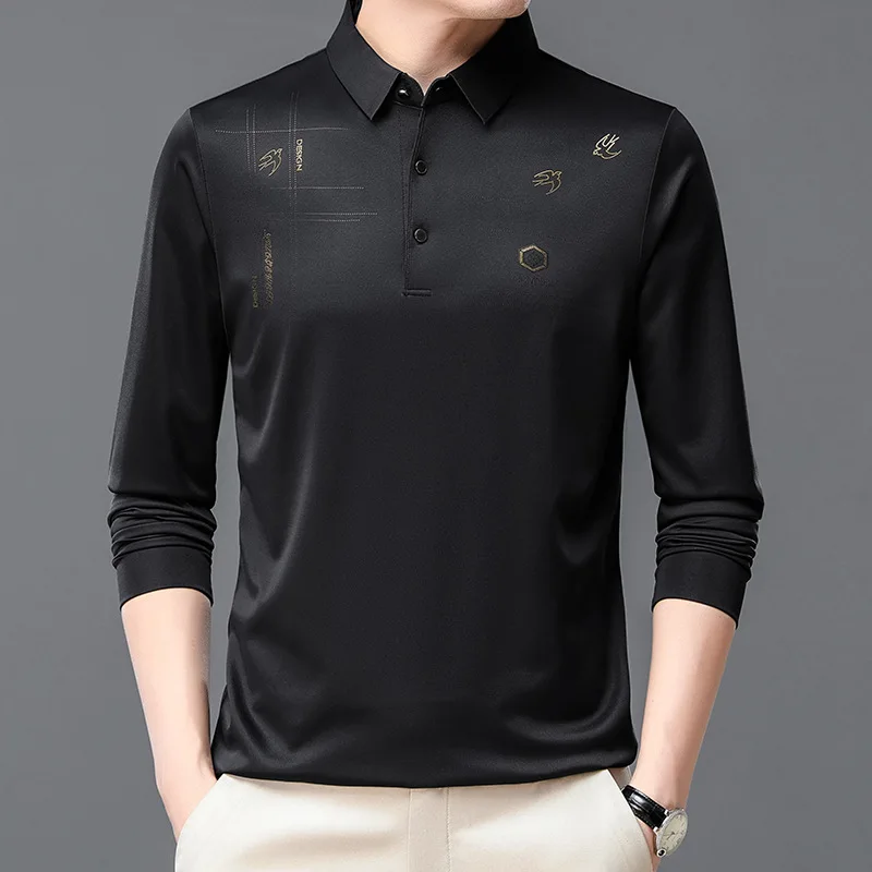 Spring and Autumn Men's Pullover Polo Button Solid Printing Rhinestone Long Sleeve T-shirt Polo Bottom Fashion Formal Tops