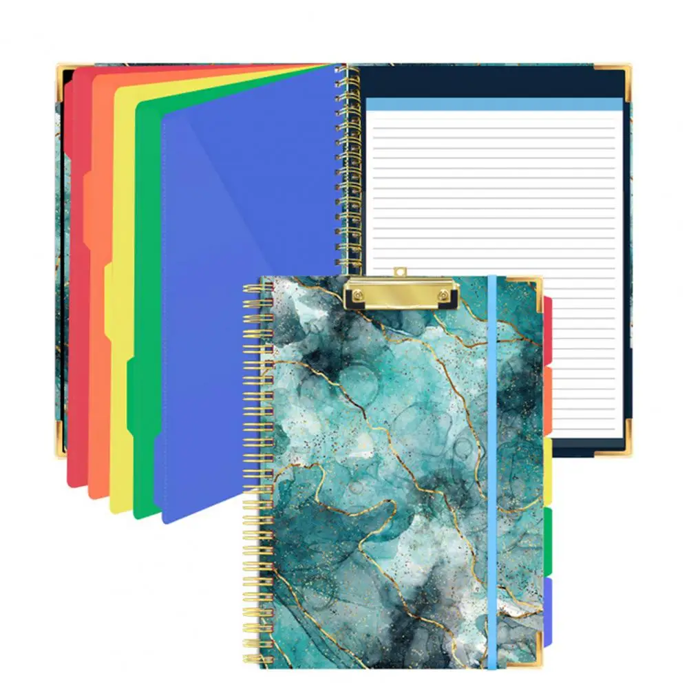 Clipboard Folio with Notepad Side Pockets Twin-wire Binding Elastic Band Colorful Label Index Spiral Document File Folder