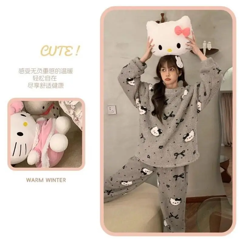 

Теплый плюшевый флисовый пижамный комплект Sanrio Leisure Hello Kitty для дома и отдыха на осень-зиму с милым мультяшным дизайном