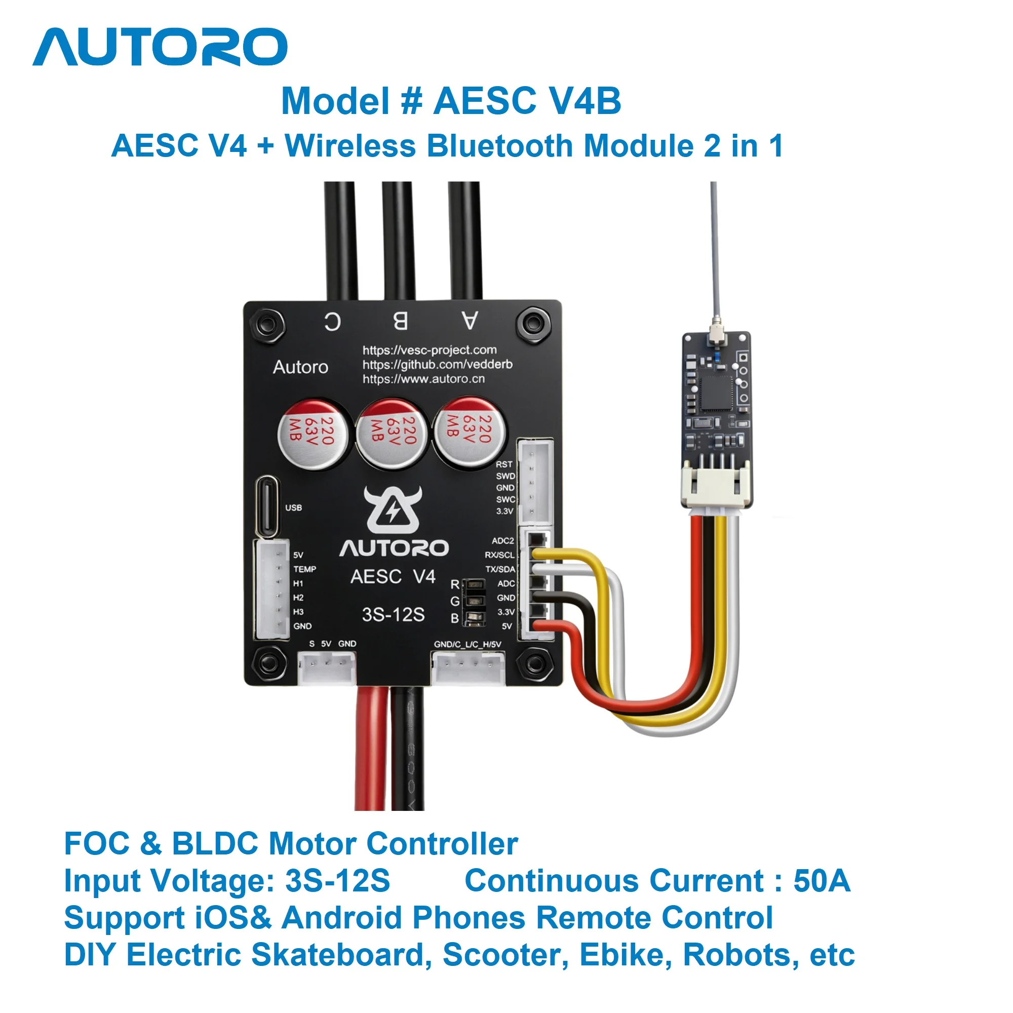 

Autoro AESC V4B w/ Bluetooth Module BLDC FOC Motor Controller 12S 50A Sparkless VESC for DIY Electric Skateboard Scooter Robots