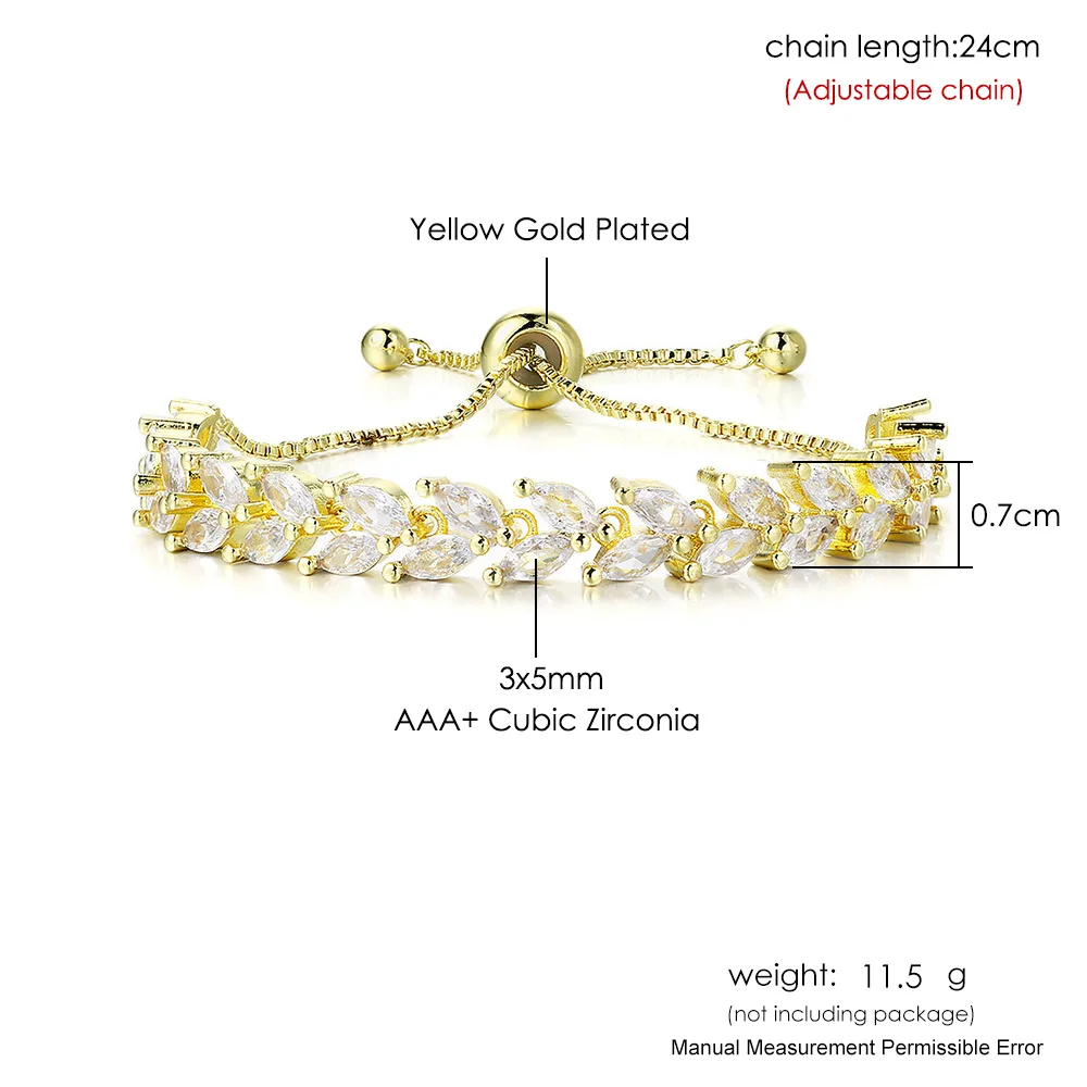 Wunderschönes, glänzendes, verstellbares Blatt-Tennisarmband mit Zirkonia-Besatz für Damen und Herren, zarte Kristall-Handkette, Schmuck H035 – Detail 1