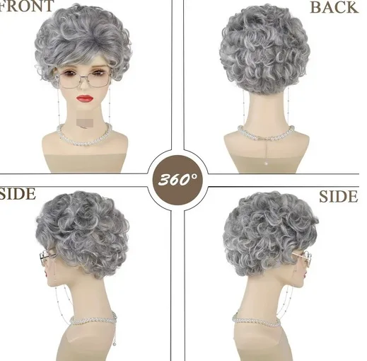 Gray Old Lady Wig Granny Glasses Pearl Necklace 3 Pcs/Set Kid Grandma Cosplay Wig for Christmas School Thanksgiving Day