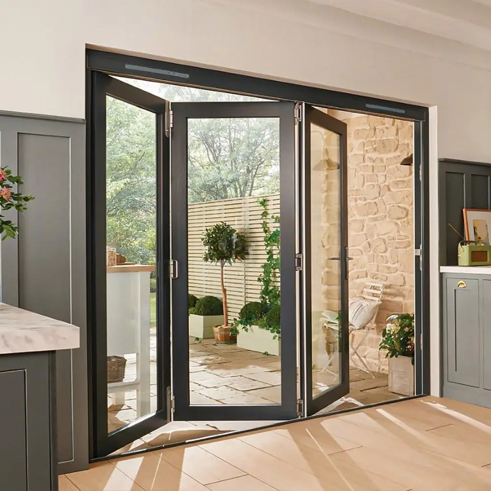 Slim Aluminum Frame Folding Door with Clear Glass Large Vision Sound Insulation Hurricane Resistant Folding Door Simple Style