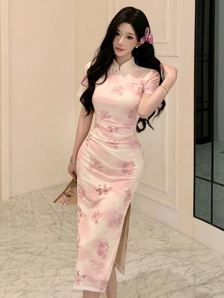 

Элегантное женское платье с цветочным принтом, сетчатыми вставками и разрезом по боку, миди, в китайском стиле, с коротким рукавом, для повседневной носки