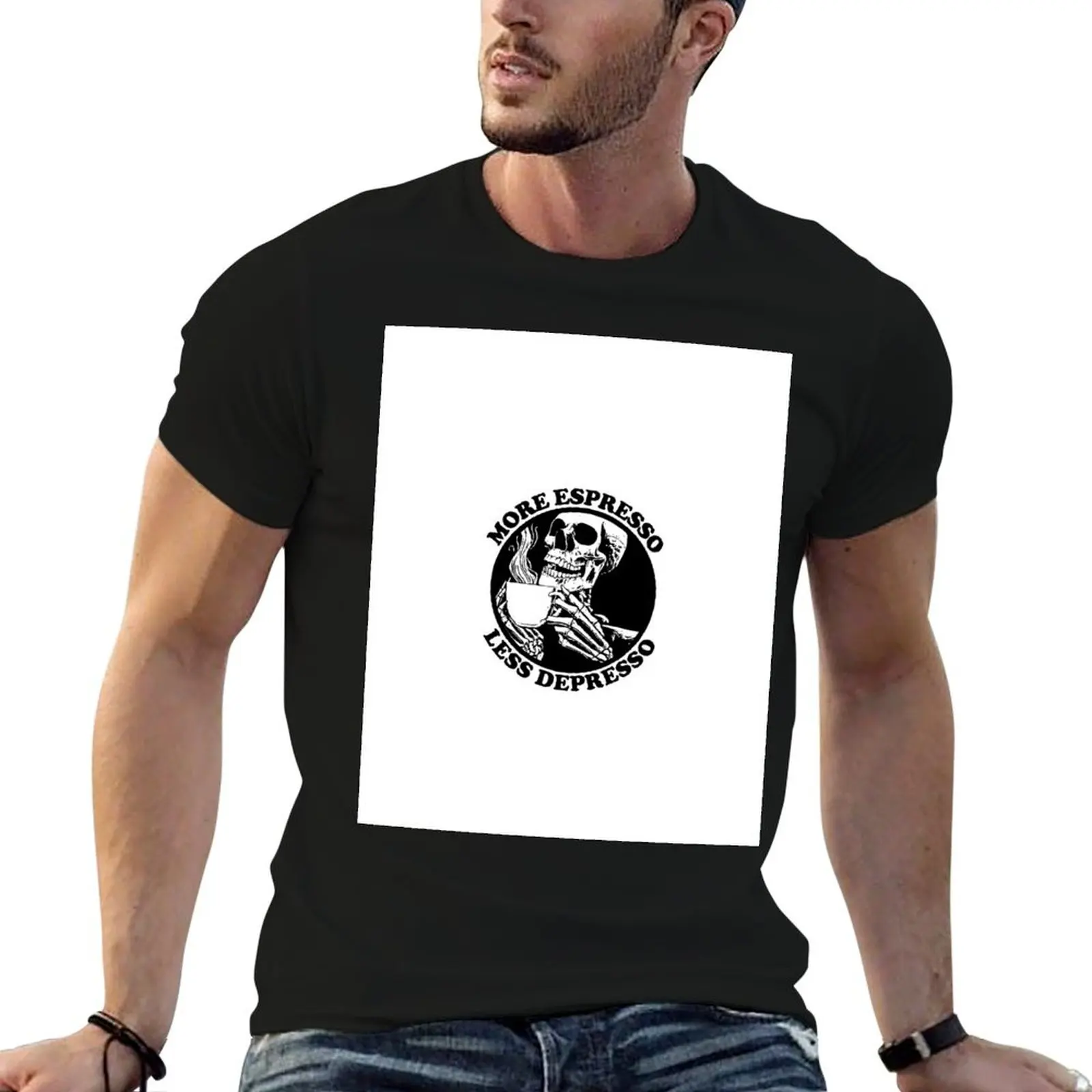 More Espresso Less Depresso, Skeleton Drinking Coffee, Black T-Shirt Abstract Pattern Print Top