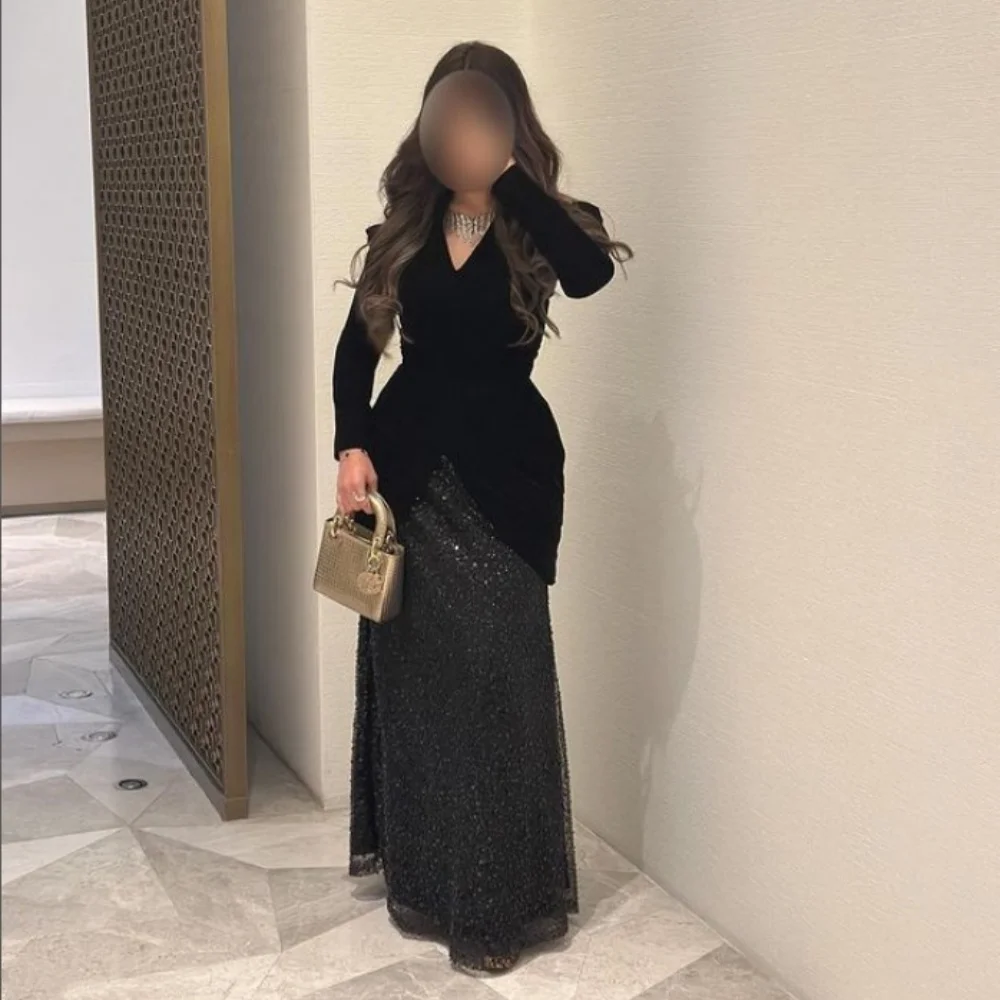 Customized A-line Jersey Ankle-Length Bespoke Occasion Dresses V-neck Long Sleeve Sequined Prom Gowns Black Evening Dresses