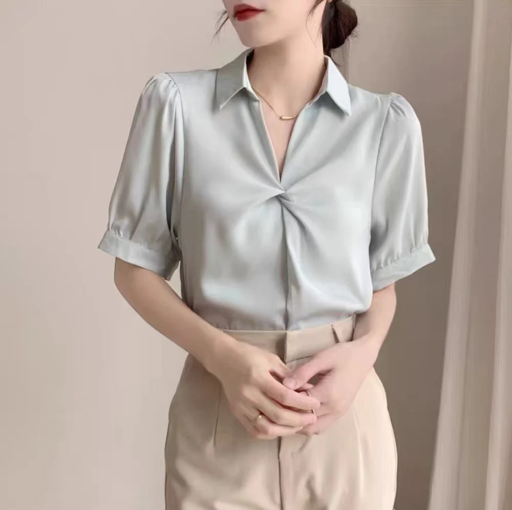 Summer Women\'s Short Sleeve V-neck French Bubble Sleeve Solid Color Pleated Chiffon Shirt Blouse Ladies Tops Female Clothes New