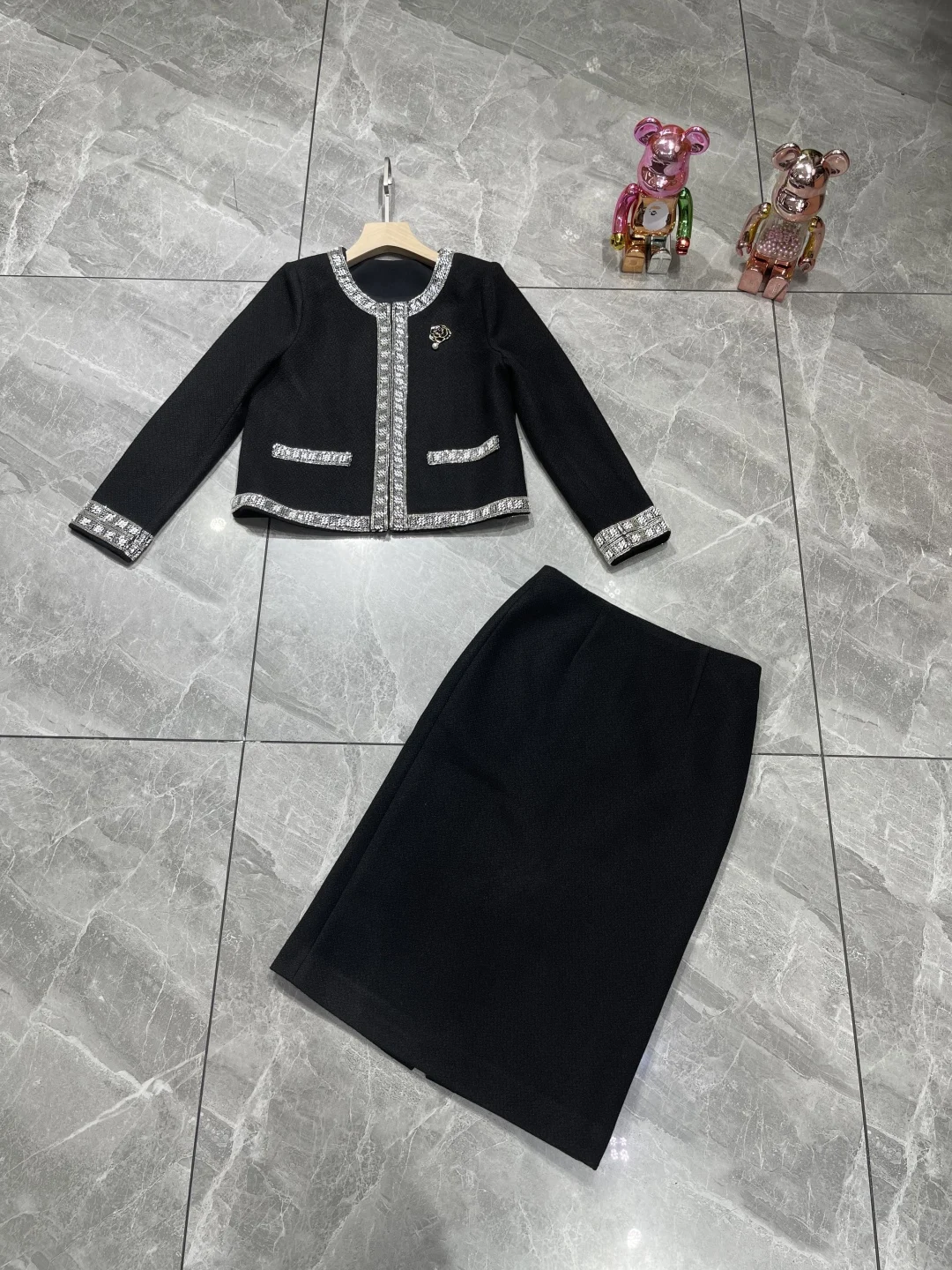 ZJYT Giacca di lana e gonna di tweed con perline di lusso Abito da donna in due pezzi Autunno Inverno 2025 Nuovi set di abiti da ufficio per feste