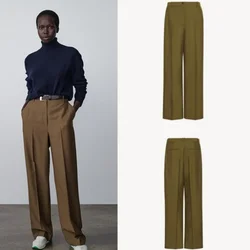 wool blend brown straight trousers for women in Spring/Summer 2024 mohair high waist slim suit pants commute