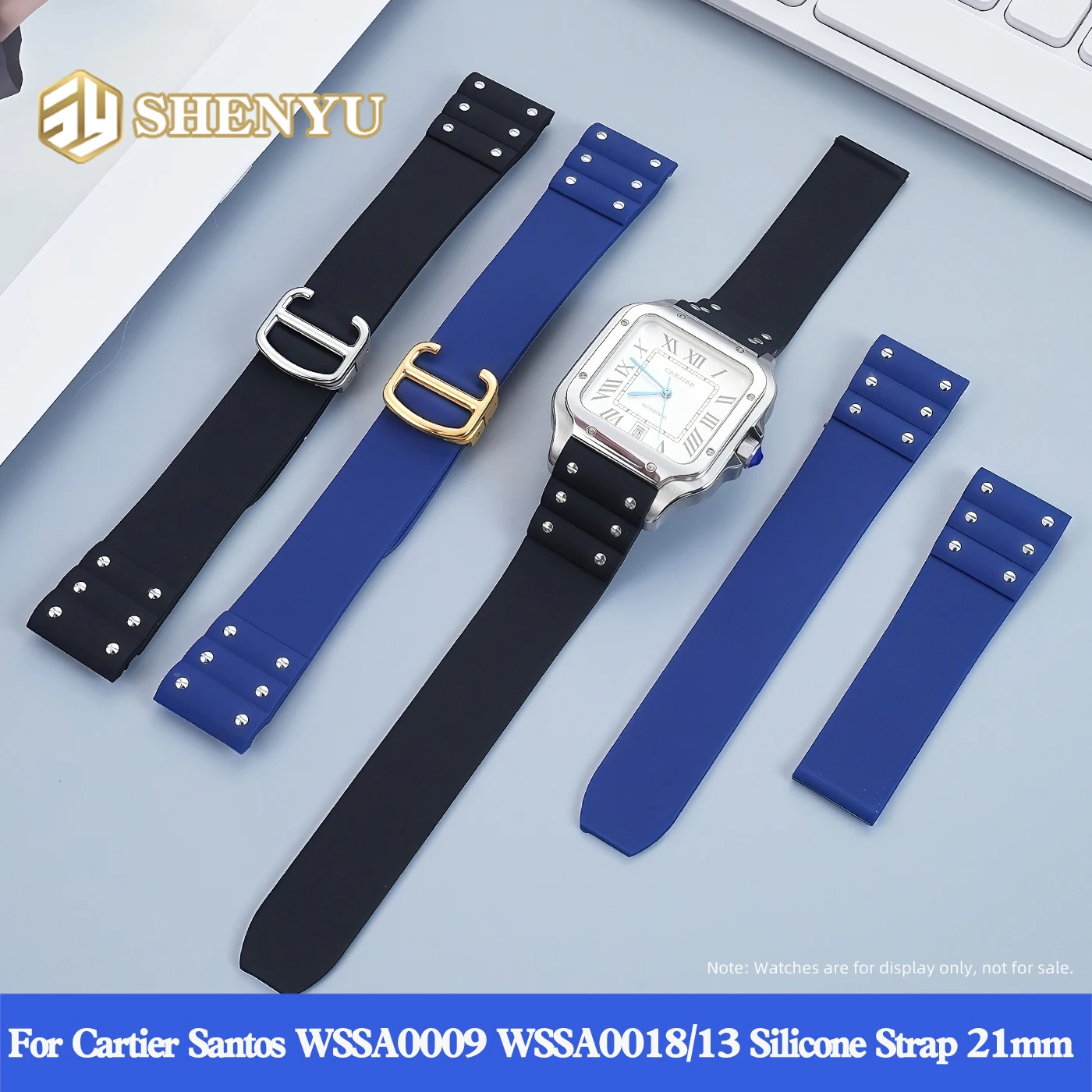 21mm high Quality Silicone Strap For Cartier Santos WSSA0009 WSSA0018/13 Modified Folding Buckle Silicone Strap Black Blue 21mm