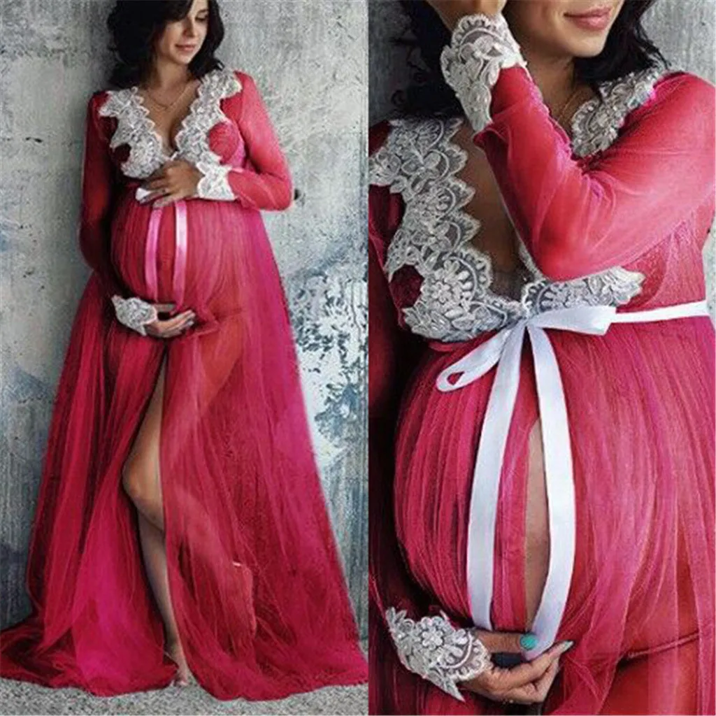 Maternity Dresses For Photo Shoot One-piece Mopping Dress For Pregnant Front Split Lace Pregnancy Photography Clothes Net Yarn