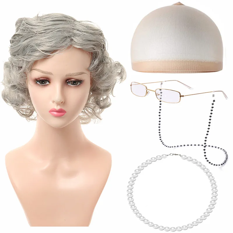 Hair Extensions Synthetic Cosplay Old Lady Woman Wigs Set Breathable Head Cover Performance Dress Up Grandma Wig Hat for Women