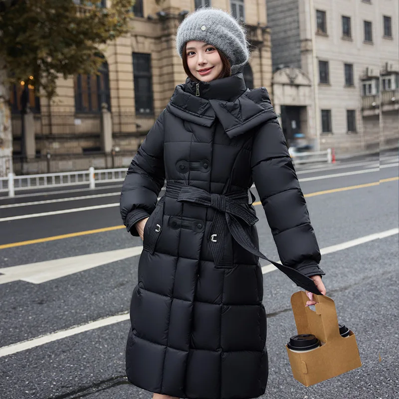 Women Parkas Coats Solid Hooded Jackets Zipper Pocket Waist Cinching Long Sleeves Longline Thick Office Lady Casual 2025 Winter