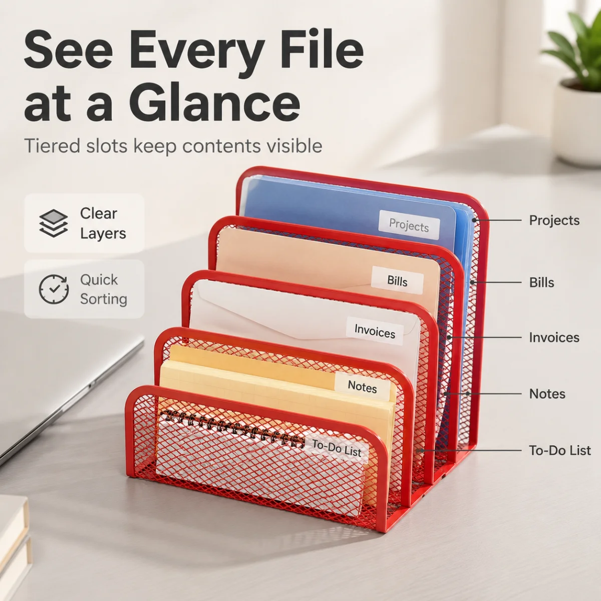 Desktop Letter Organizer Holder, Metal Mesh File Document Storage Rack, Mail Sorter Tray for Office School Home