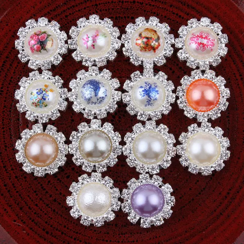 120pcs/lot Chinese Style Round Decorative Flatback Crystal Pearl Buttons for Hair Accessories Metal Rhinestone Buttons for Craft