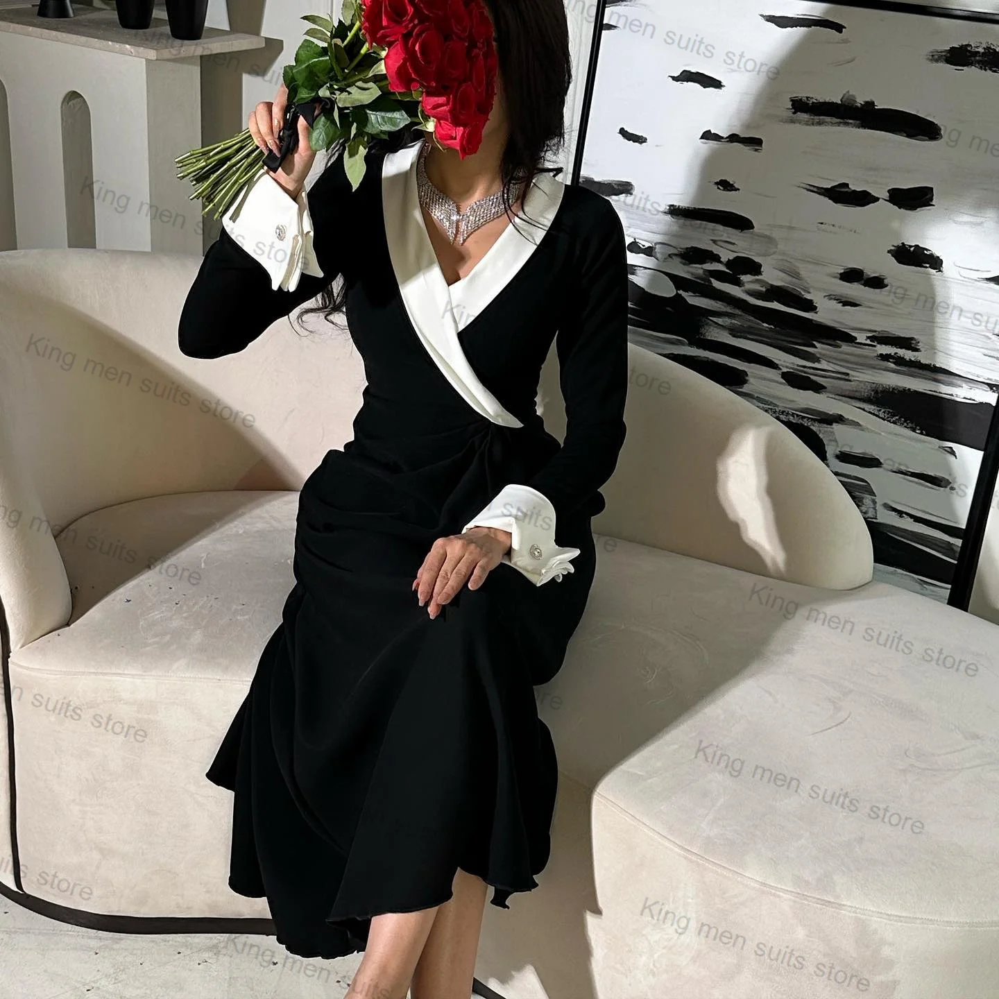 Black White Women Suits Blazer Long Jacket 1 Pcs Prom Dress Cotton Formal Office Lady Coat Outfit Tailored Red Carpet Party Gown