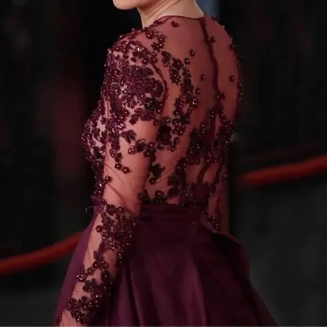 كم طويل زين مطرز الجيب الأرجواني أم العروس ثوب مسائي أنيق مناسبة رسمية طول الأرض ثوب مخصص