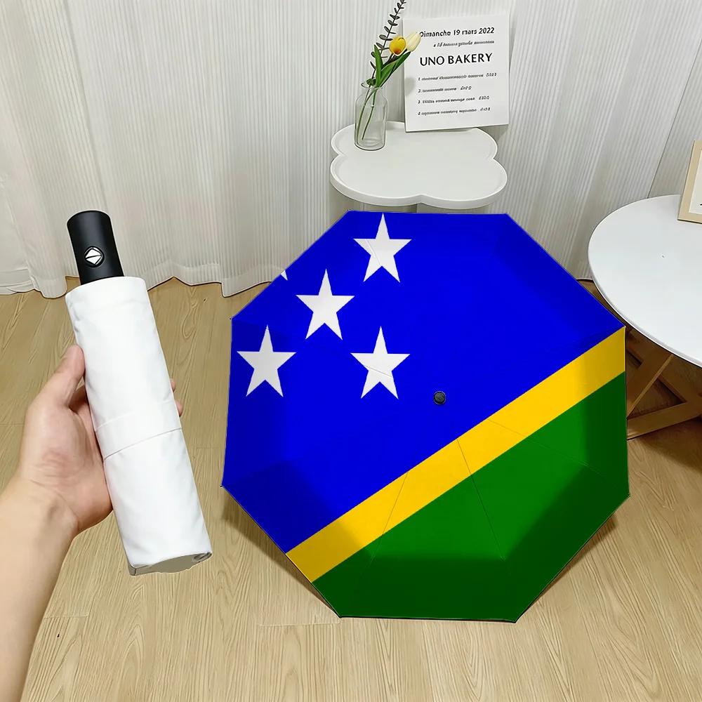 

Solomon Islands National Flag Blue Green Yellow with White Stars Print Auto Folding Umbrella Waterproof Windproof Compact Travel