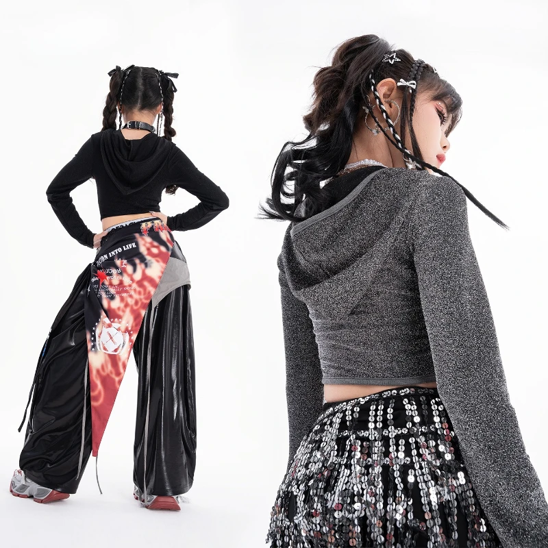 Set di abbigliamento per danza hip-hop per ragazze, top a maniche lunghe, pantaloni larghi, costume da ballo di strada, abbigliamento da performance jazz Kpop