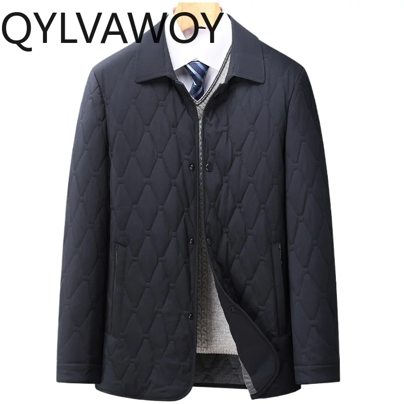 QYLVAWOY 100% بوليستر ملابس خارجية شتوية للرجال سترة بياقة للأعمال في منتصف العمر معطف قطني دافئ خفيف الوزن غير رسمي LJ2147
