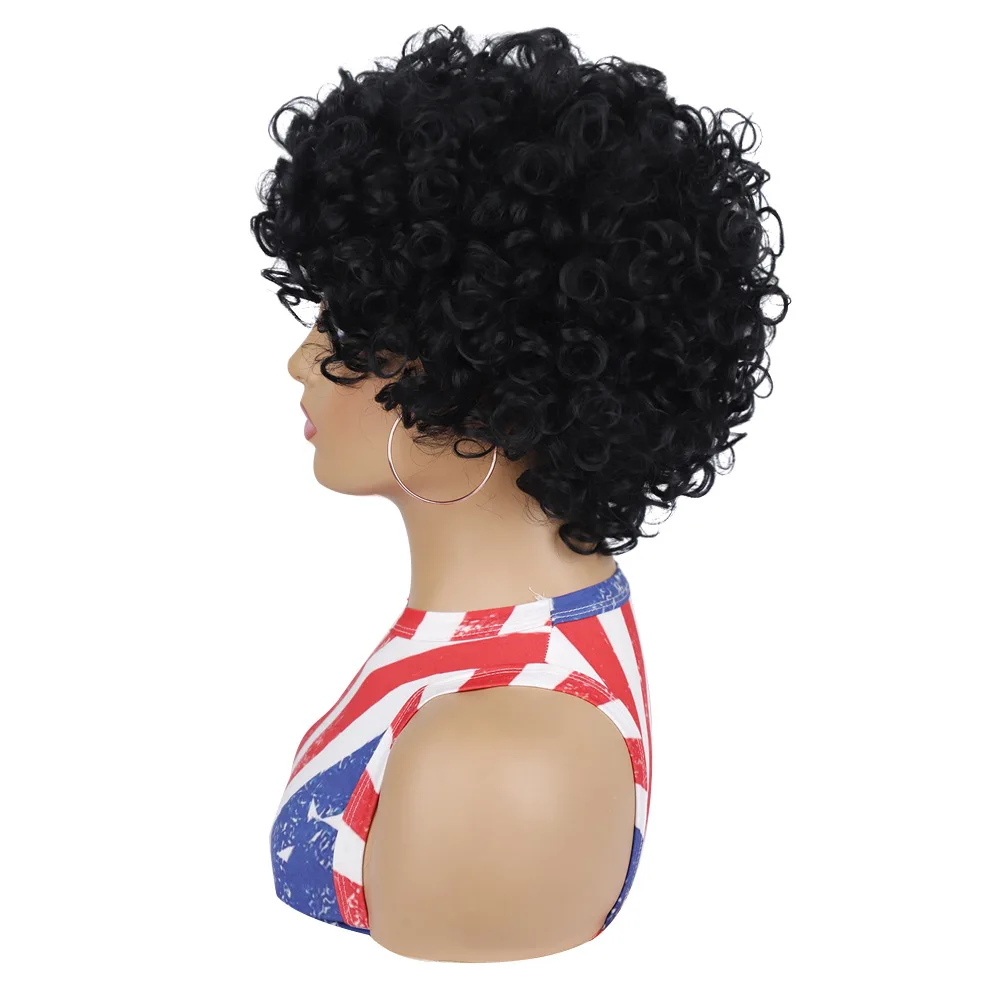 Perruque synthétique bouclée, cheveux courts pouces, perruque machénisme noire, fibre haute température 1B