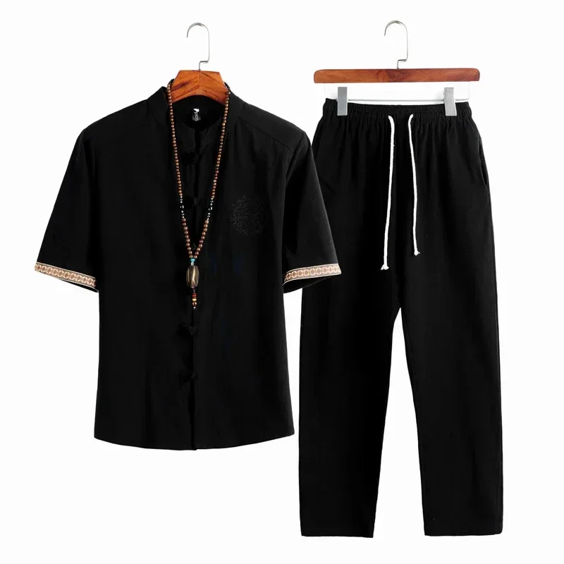 Abito da uomo in lino stile cinese estivo abbigliamento tradizionale pantaloncini da uomo Tai Chi Uniform Retro scollo a v camicia a maniche corte