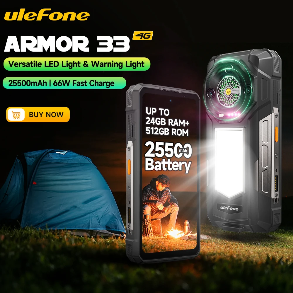 Ulefone Armor 33 4G Robuuste Smartphone Android 15 512GB ROM Tot 24GB RAM 25500mAh NFC 66W Snelladen 120Hz
