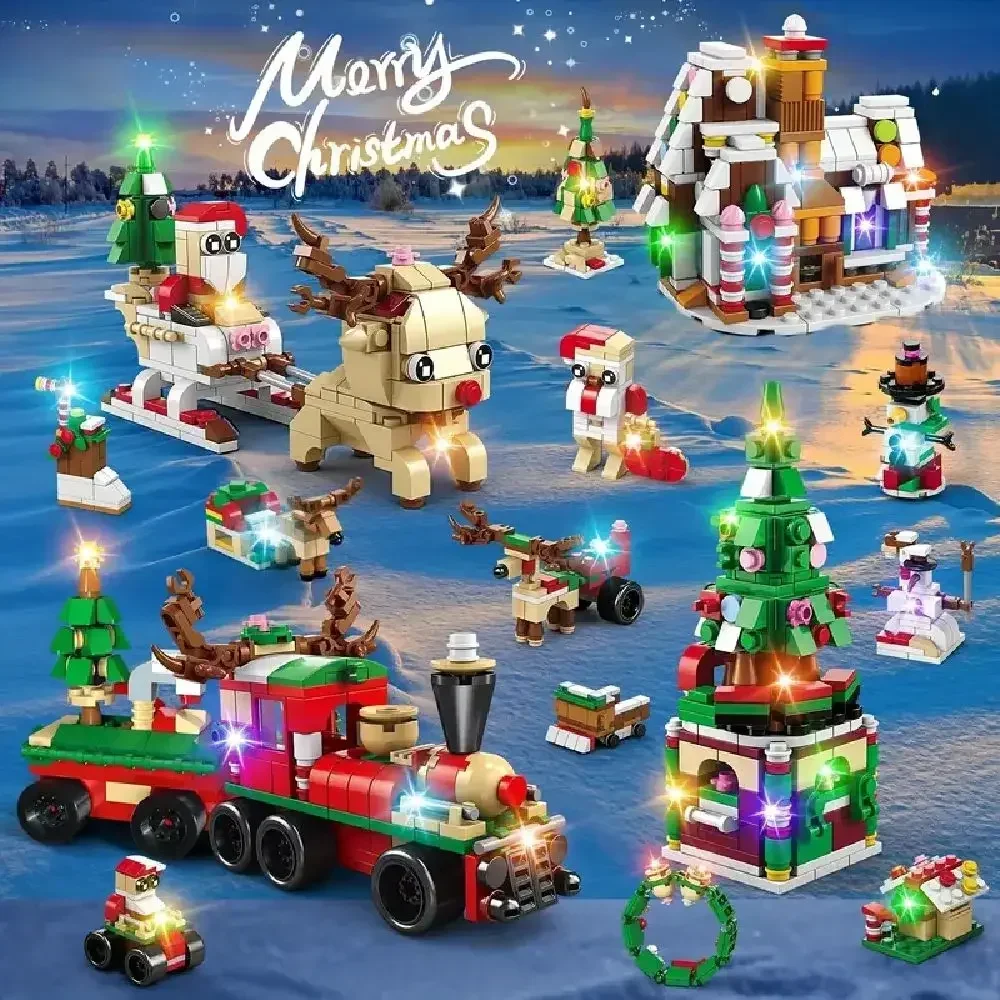 

2025 Advent Calendar Christmas Building Blocks Set Christmas Toys includes Santa Claus Train House Blocks, Gift for Kid Boy Girl