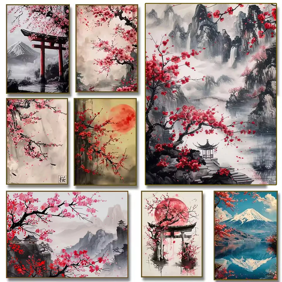 5D New Diamond Painting Art Vintage Japanese Cherry Blossom Mountain Full Diamond Mosaic Cross Sstitch Embroidery Kit Home Decor