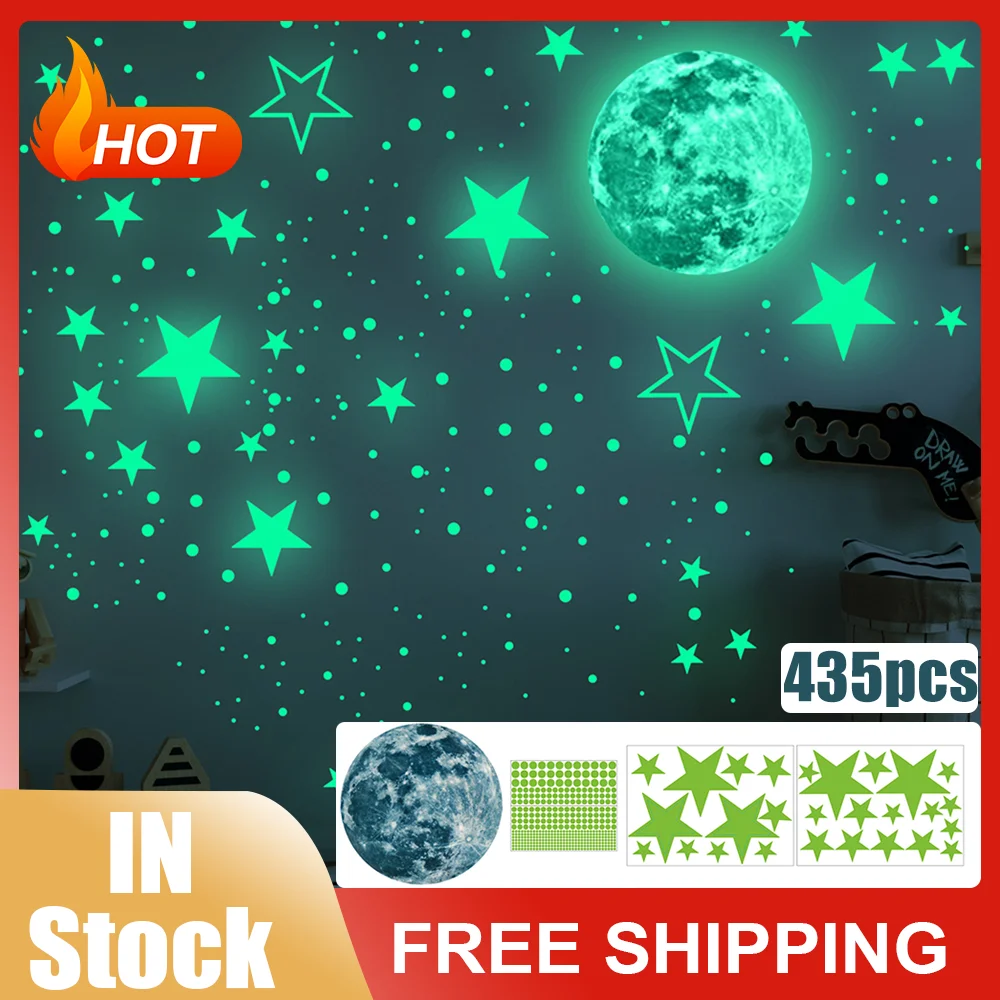 435pcs/set Luminous 3D Star Moon Dot Wall Stickers Kids Room Bedroom Ceiling Home Decoration Fluorescent Glow in the Dark