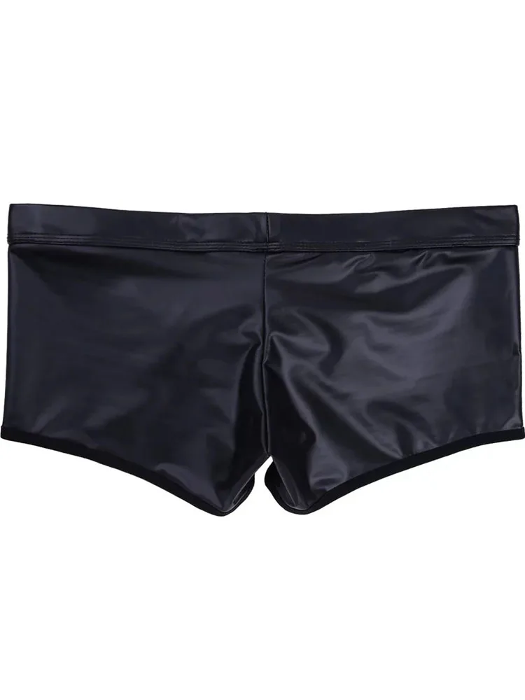 S-5XL Faux PU Leather Boxershorts Metal Ring Convex Pouch Mens Boxer Shots Hollow Out Trunks Tights Sexy Calzoncillo Underwear