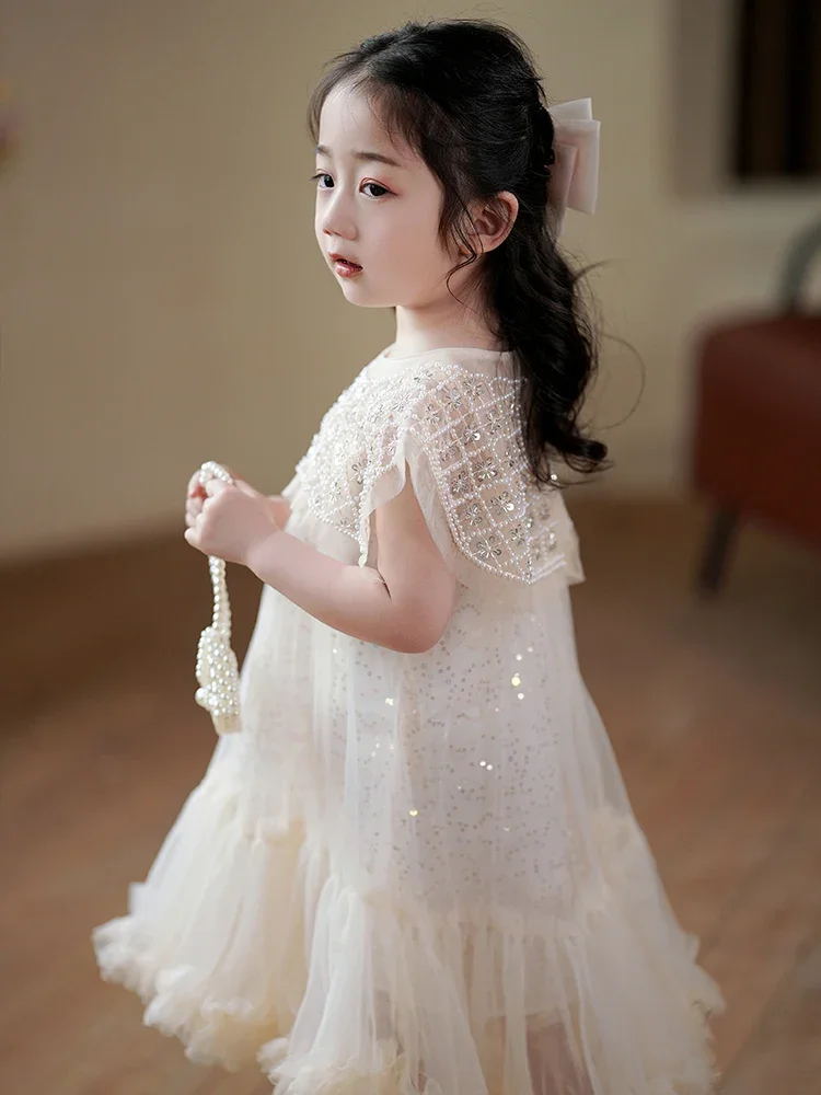 

2024 Girls Prin Cess Dress Casual Princess Dress Children's Spring Summer Wear Korean Pearl Neck Fashion Yarn Dress