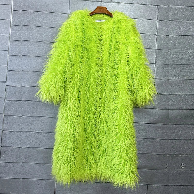 2026 Fashion Multicolor Faux Fur Long Coat Women's Mongolia Sheep Fur Overcoat Winter O-neck Thicken Jacket Streetwear Outerwear