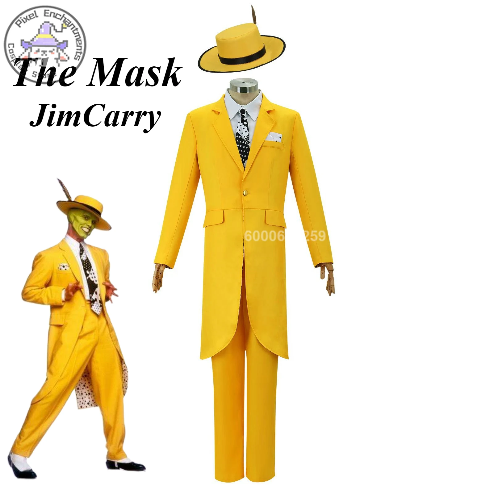 Disfraz de la máscara de Jim Carrey para hombre, traje amarillo, juego de rol, ropa de fiesta de Halloween, 2024