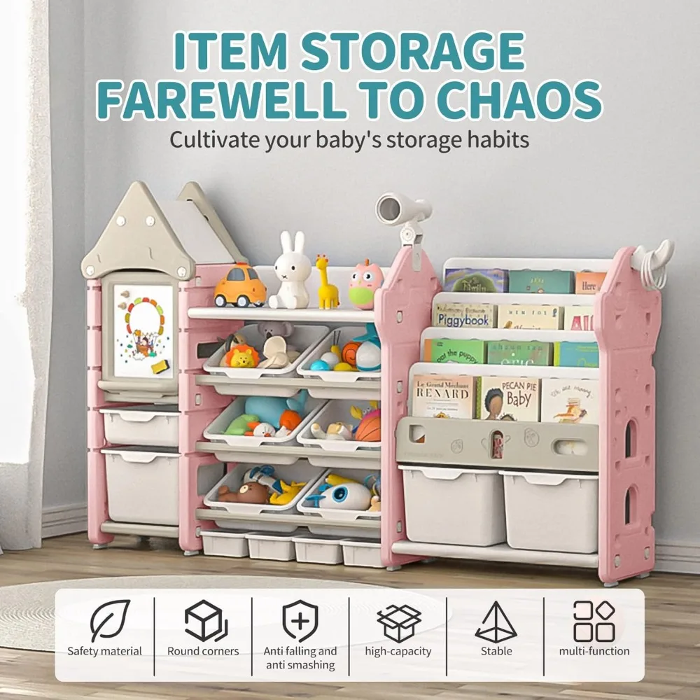 Kids Toy Storage Organizer and Children Bookshelf, with 14 Bins, Pull-Out Drawers Multipurpose Shelf for Toddlers to Organize